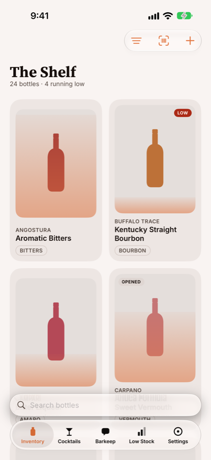 The bottle inventory, showing how full each bottle is.