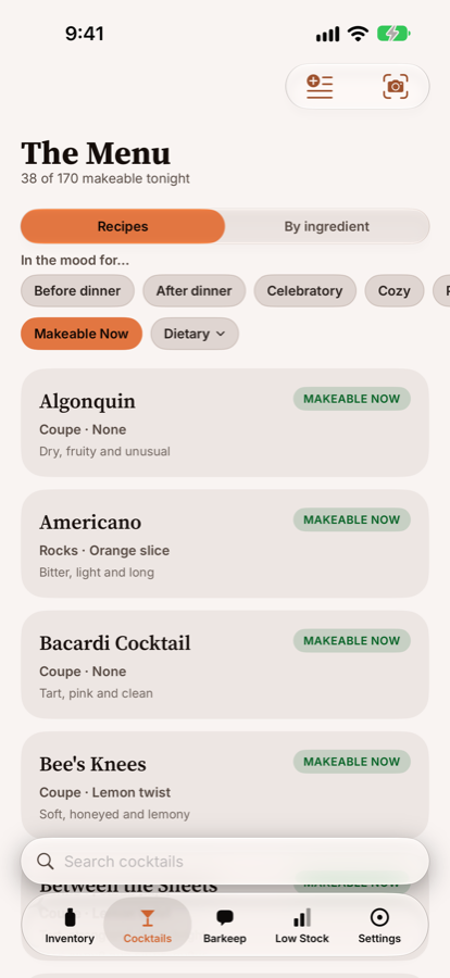The recipe list, filtered to drinks that can be made from the current inventory.