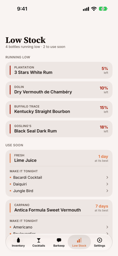 The low stock screen, listing bottles running low.